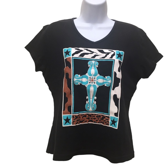 Aztec Cross Graphic Tee Size M Black Womens Hanes Silver for Her Classic top - Picture 1 of 7